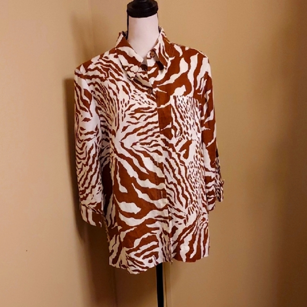 Jones New York Brown and White Graphic Linen Blouse 3/4 Sleeve